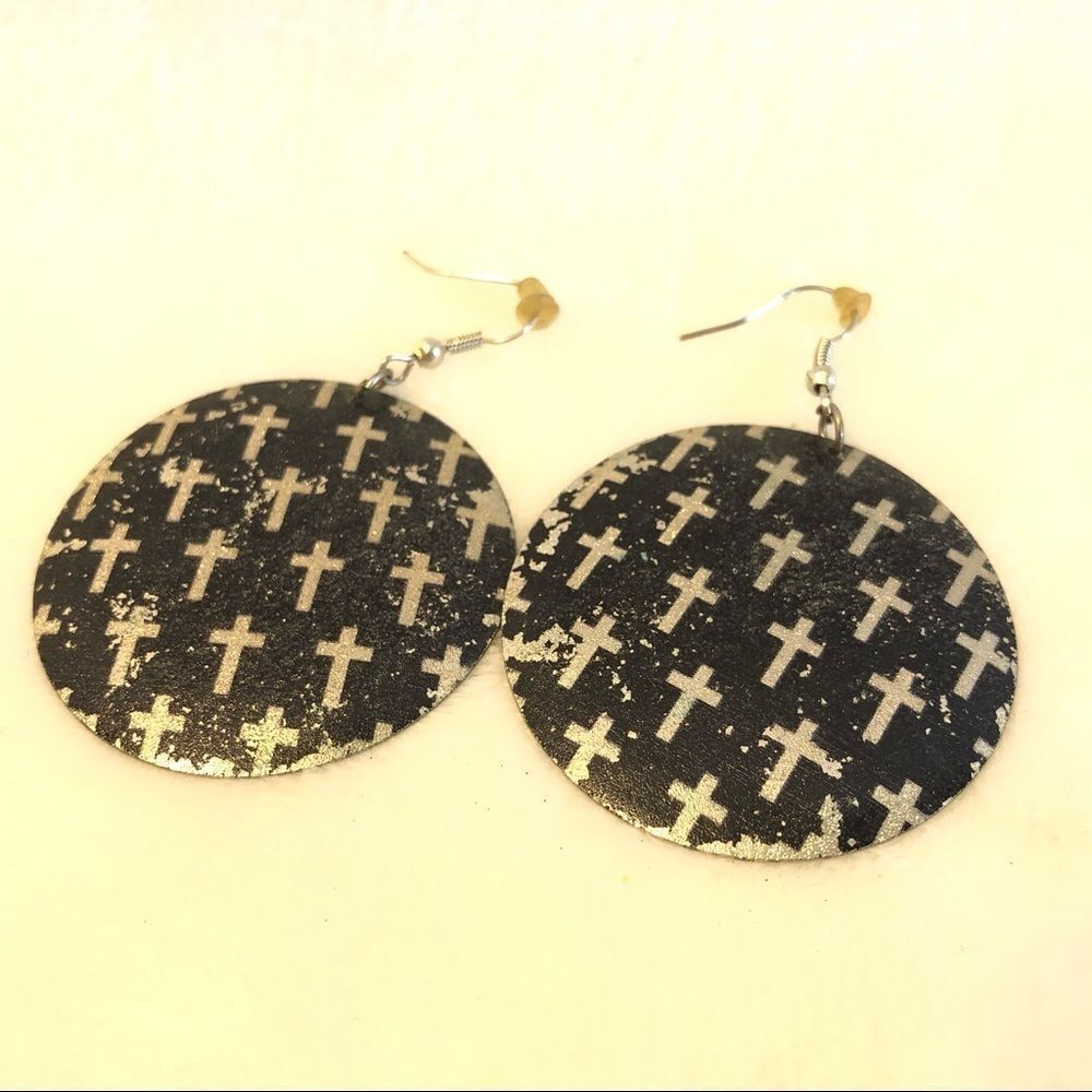 Black & Silver Tin Cross Disc Earrings